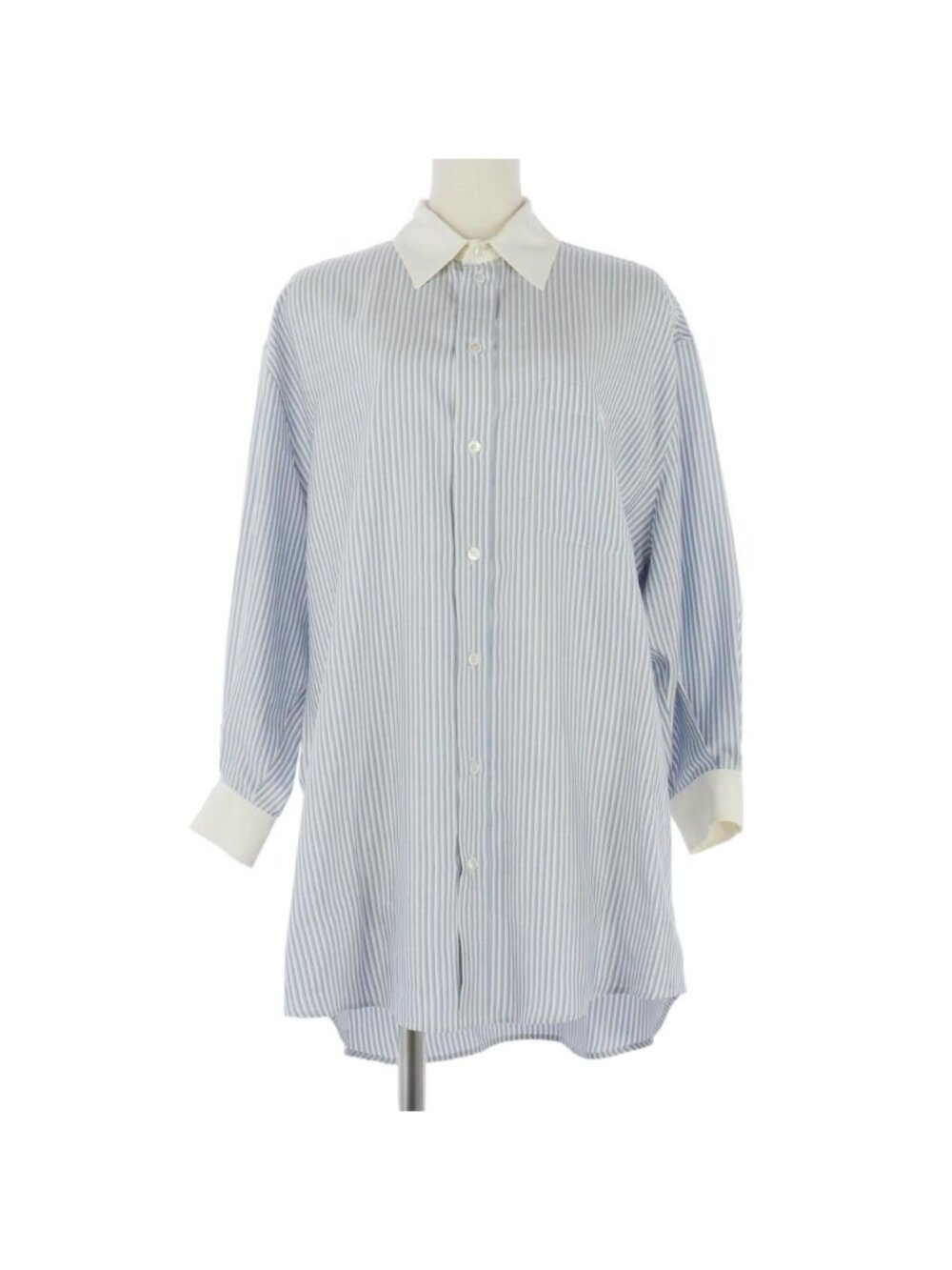 Celine Silk Triomphe Embroidery Striped Shirt Blouse Blue White 36